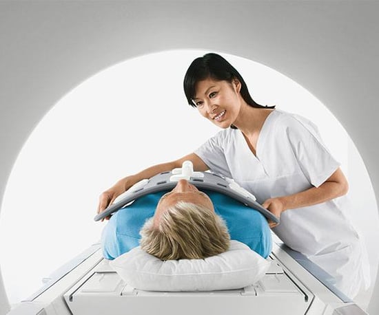 Image of Patient and Technologist from Inside an MRI system